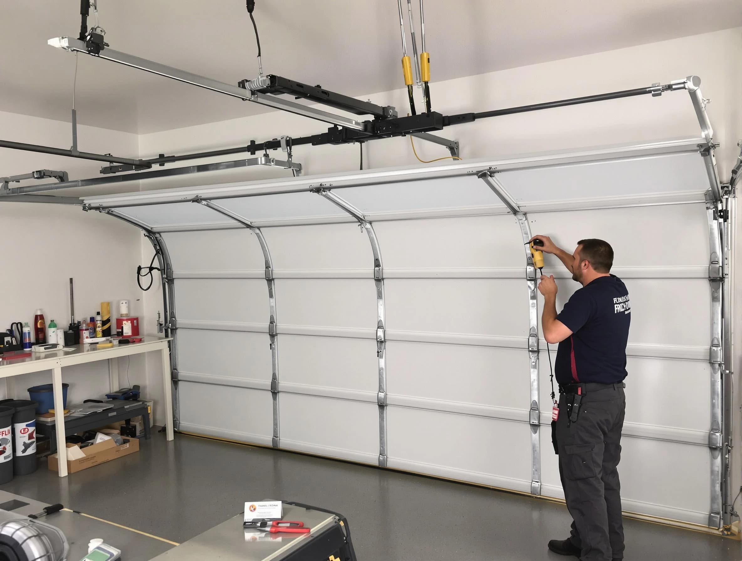 Hampton Garage Door Repair certified technician performing overhead door system repair in Hampton